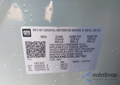 2025 Chevrolet Equinox Fwd Lt z USA, uszkodzony, nr VIN 3GNAXHEG3SL167762